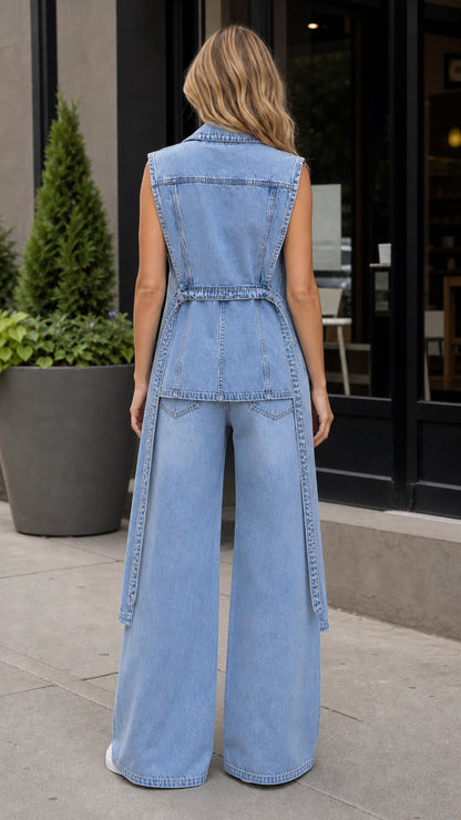 Back view showcasing back detailing of light blue denim vest and trousers