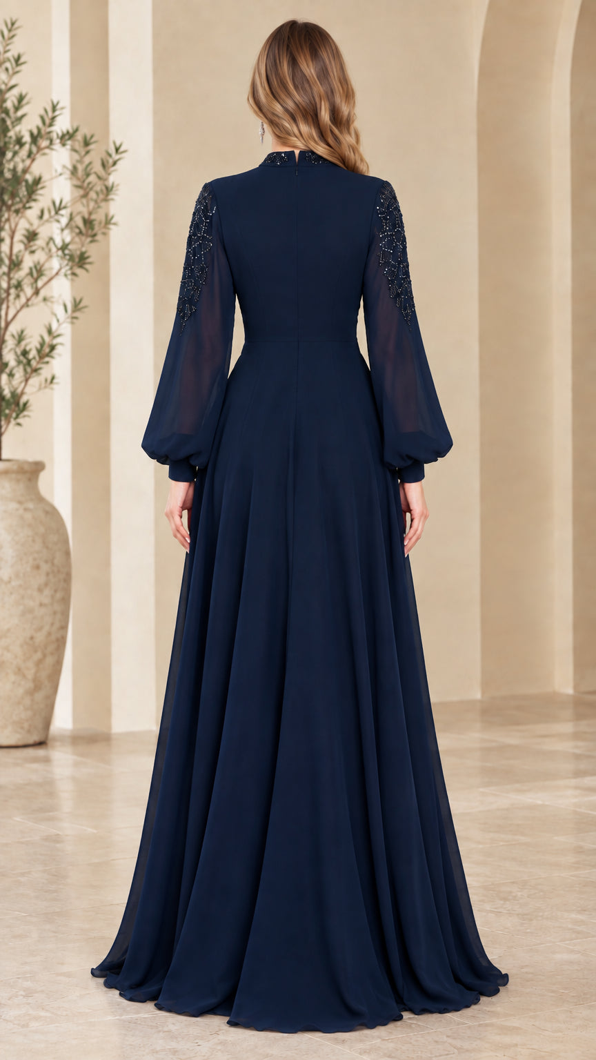 Back view of navy blue long sleeve formal evening gown