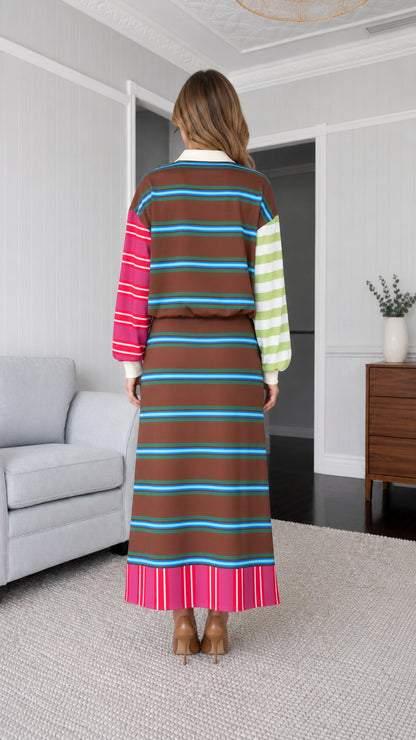 Back view of woman wearing brown colorblock striped set