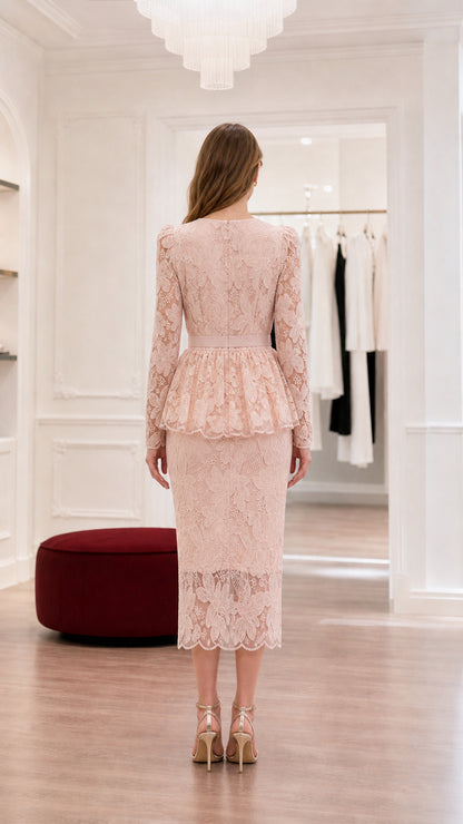Back view of pink lace peplum dress