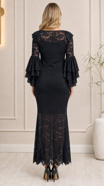 Back view of black long sleeve lace mermaid formal dress
