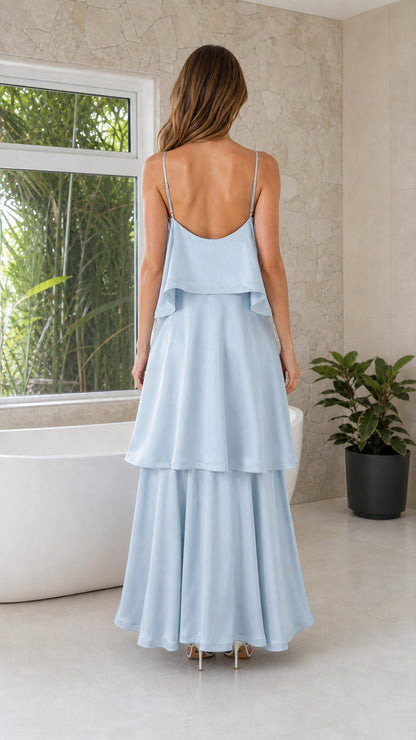 Light blue spaghetti strap tiered maxi dress back view