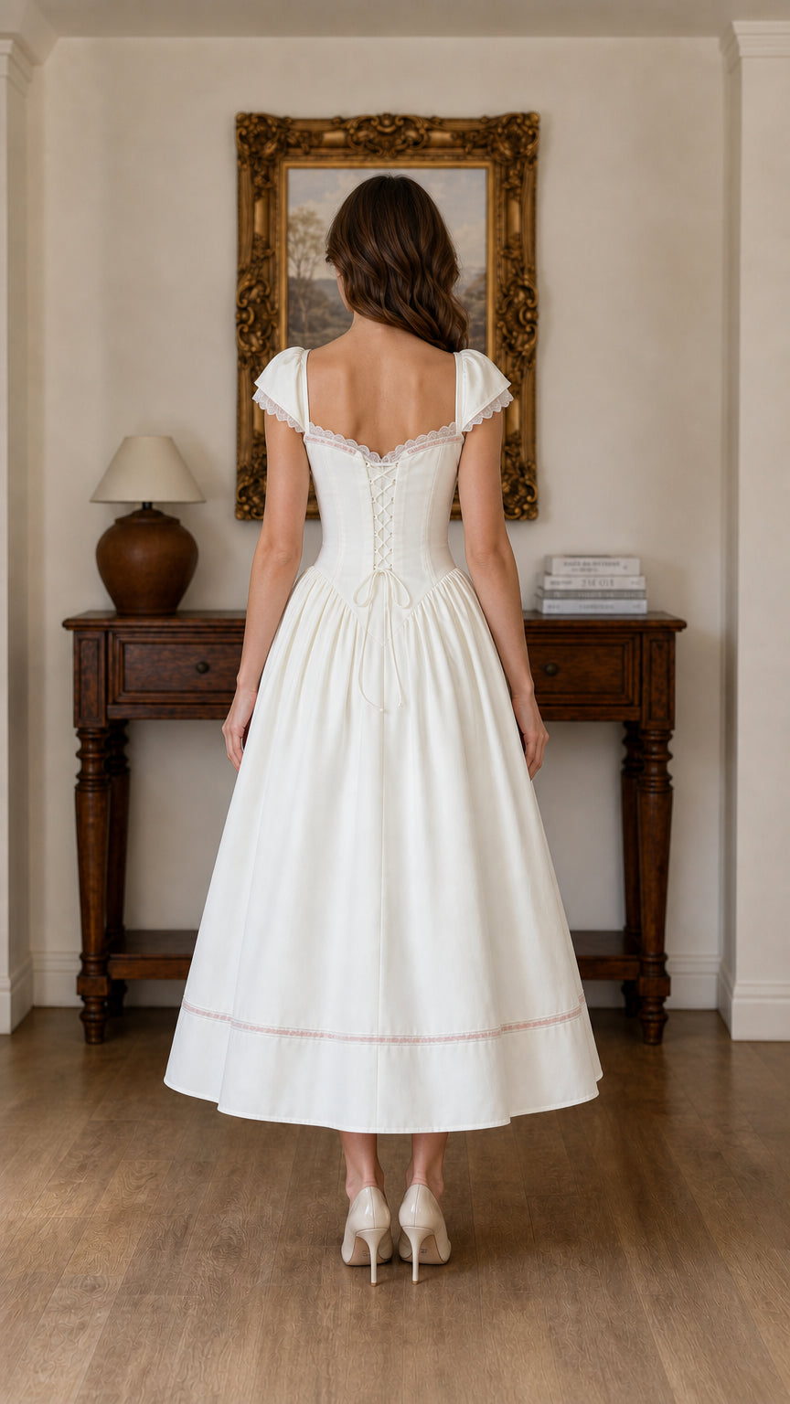 Back view of White midi dress showing lace-up corset detail