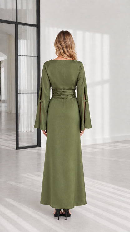 Back view of olive green floor-length evening gown
