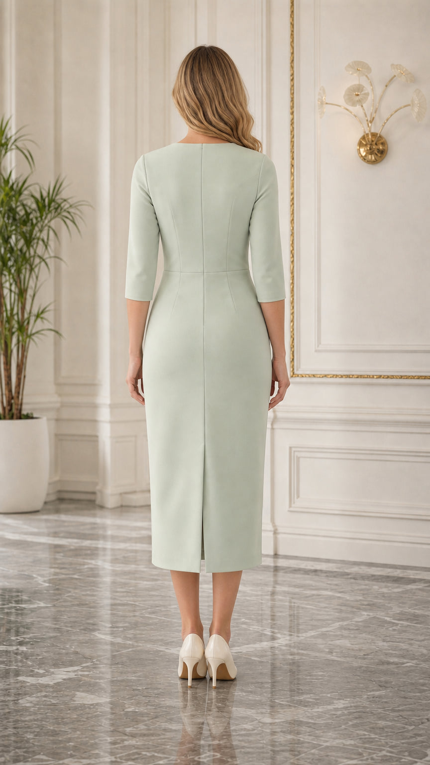 Back view of sage green midi dress with back slit