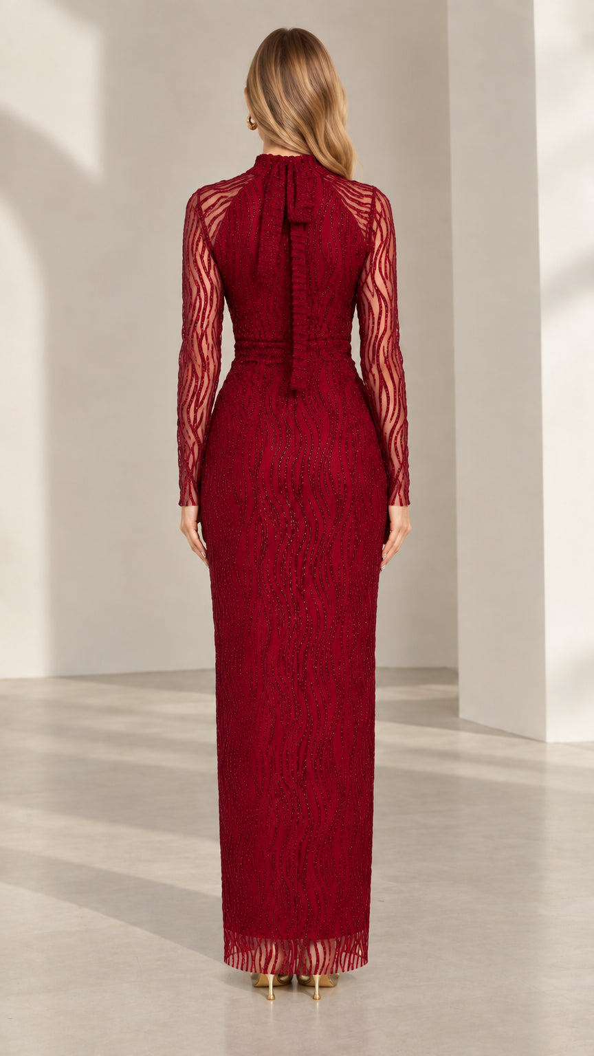 Burgundy column maxi dress back view showing zipper and slit