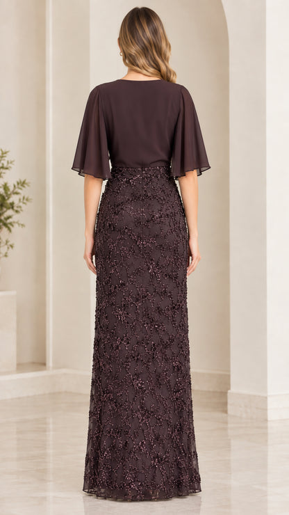 Back view of dark plum formal evening gown with V-back and full lace skirt