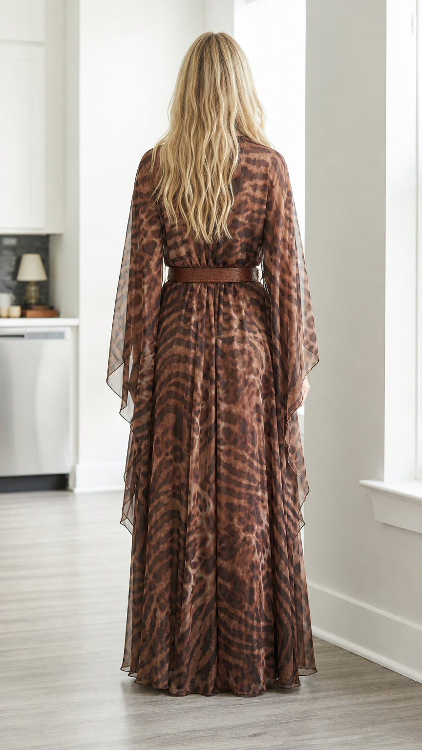 Back view of brown animal print maxi dress showing draped sleeves and long hem