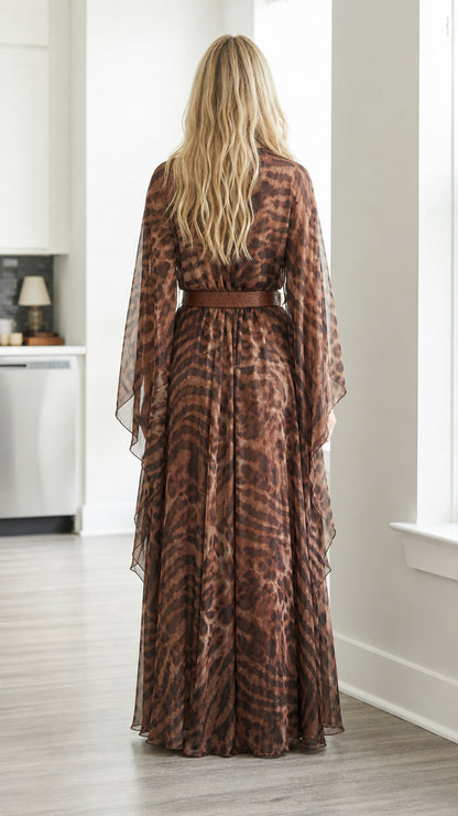 Back view of brown animal print maxi dress showing draped sleeves and long hem