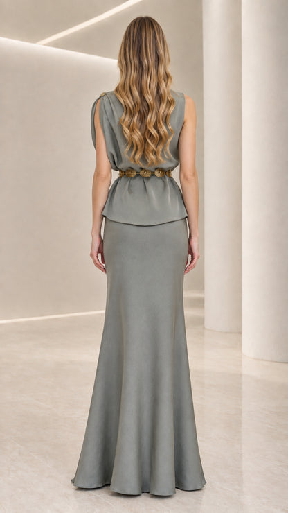 Sage green elegant formal gown back view