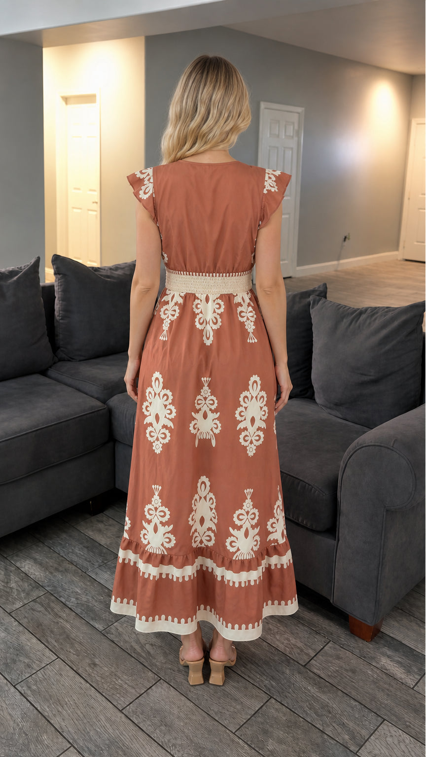 Back view of rust boho maxi dress