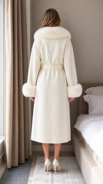 Back view of Cream belted longline overcoat with waist tie