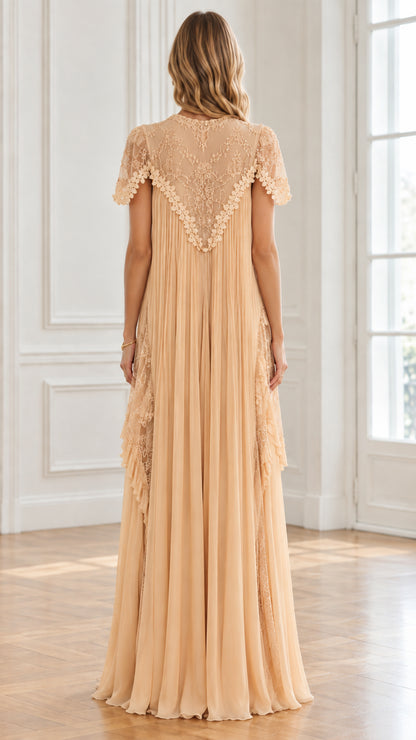 Champagne lace trim pleated gown back view