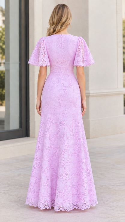 Back view of model wearing floor-length lavender lace maxi dress