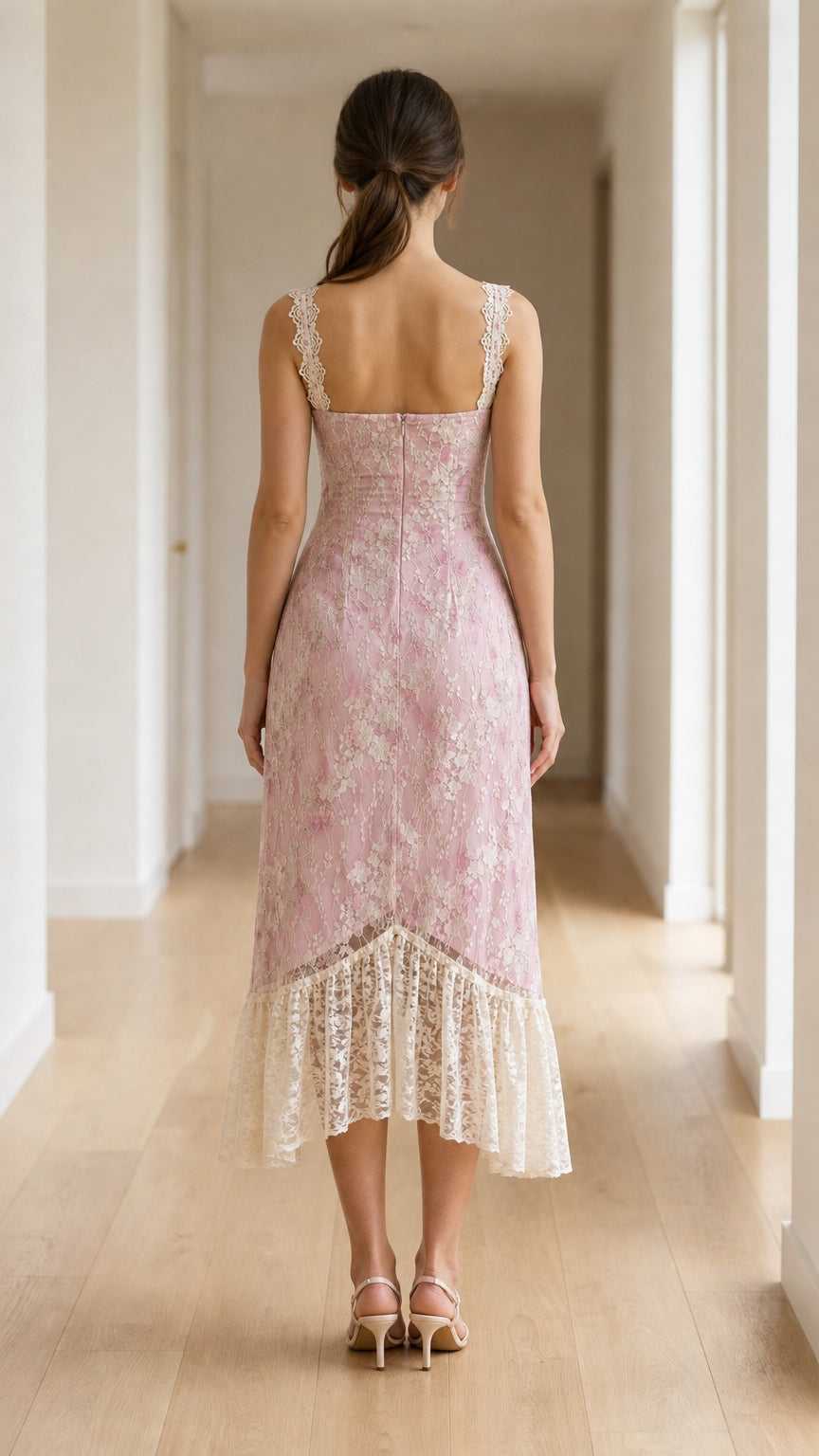 Back view of model in pink floral lace midi dress