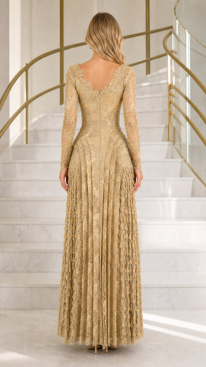 Back view of gold long-sleeve formal lace dress