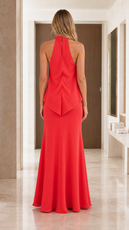 Back view showcasing detailed closure of red maxi dress