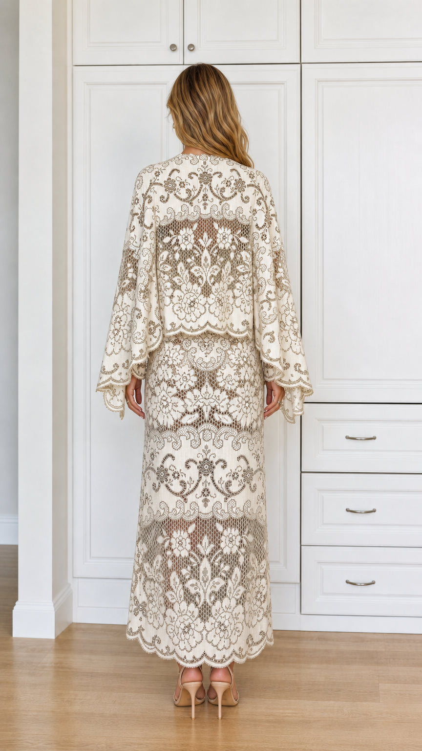 Back view of Cream long sleeve lace maxi dress