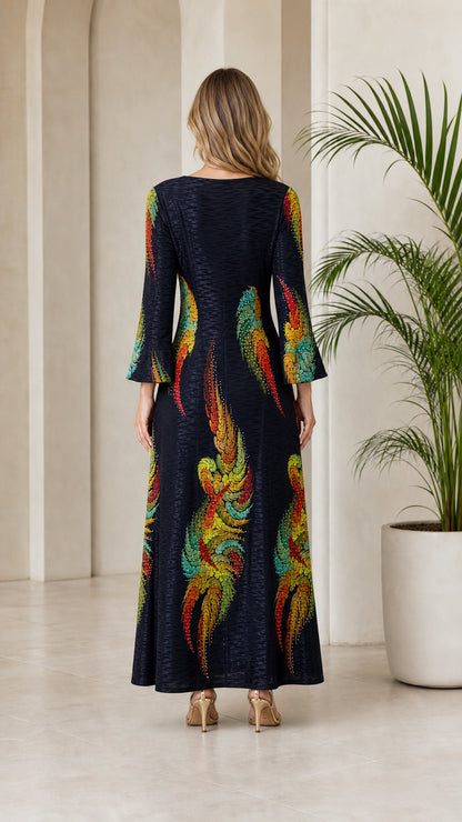 Back view of model in Navy Blue long sleeve maxi dress showing print placement