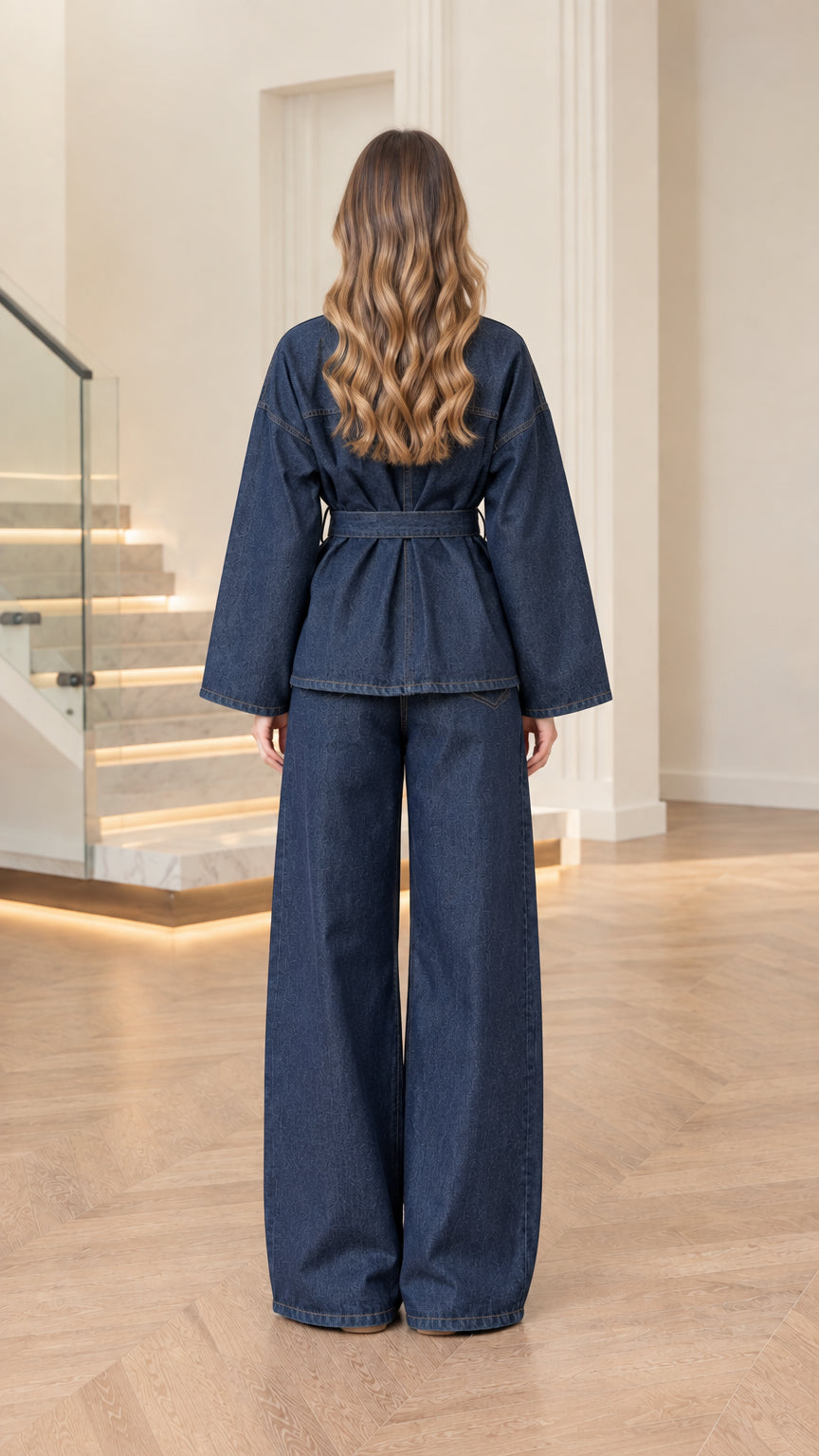 Back view of model wearing dark blue denim belted pant set
