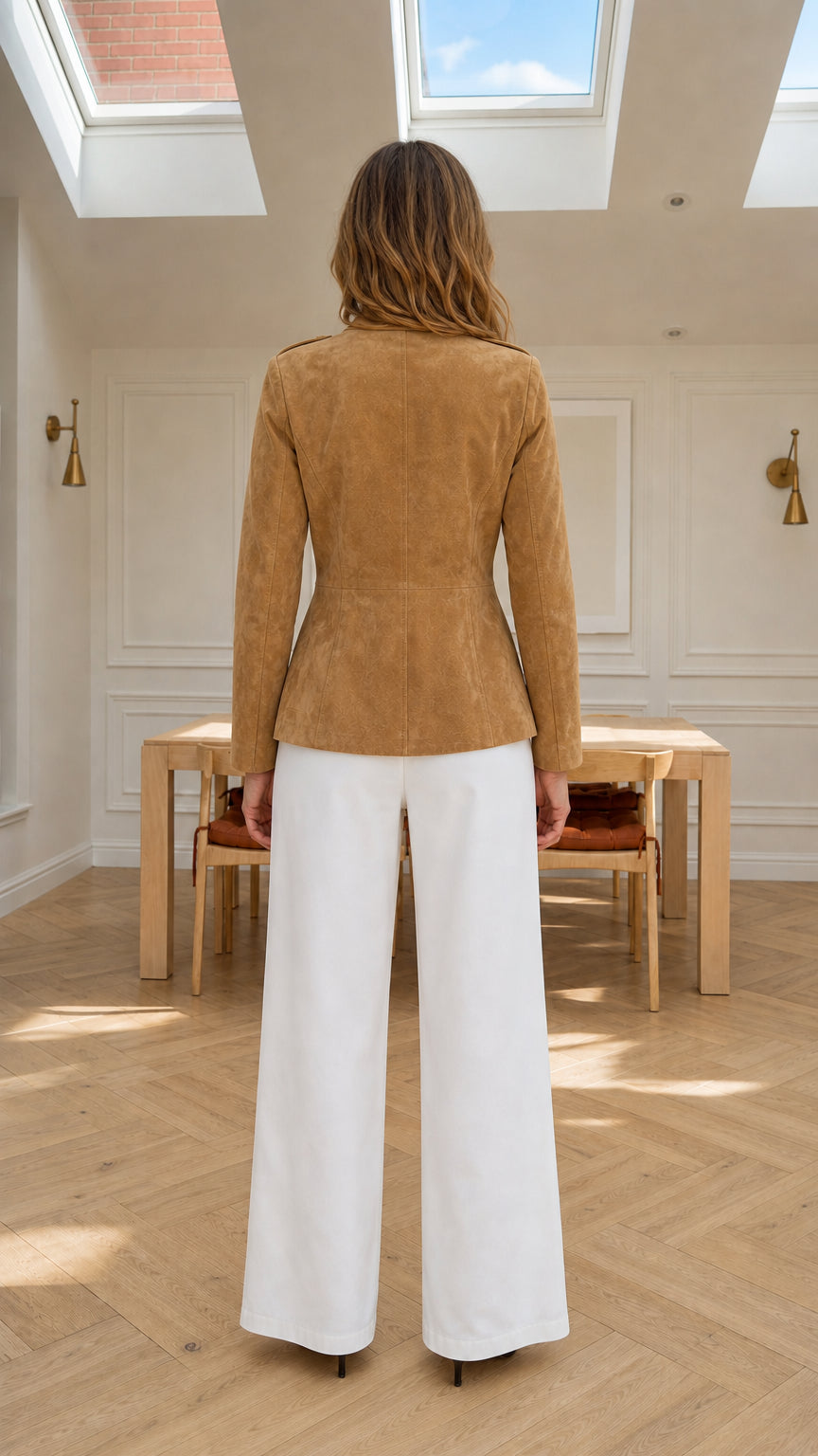 Back view of model wearing camel faux suede jacket highlighting fitted back seams