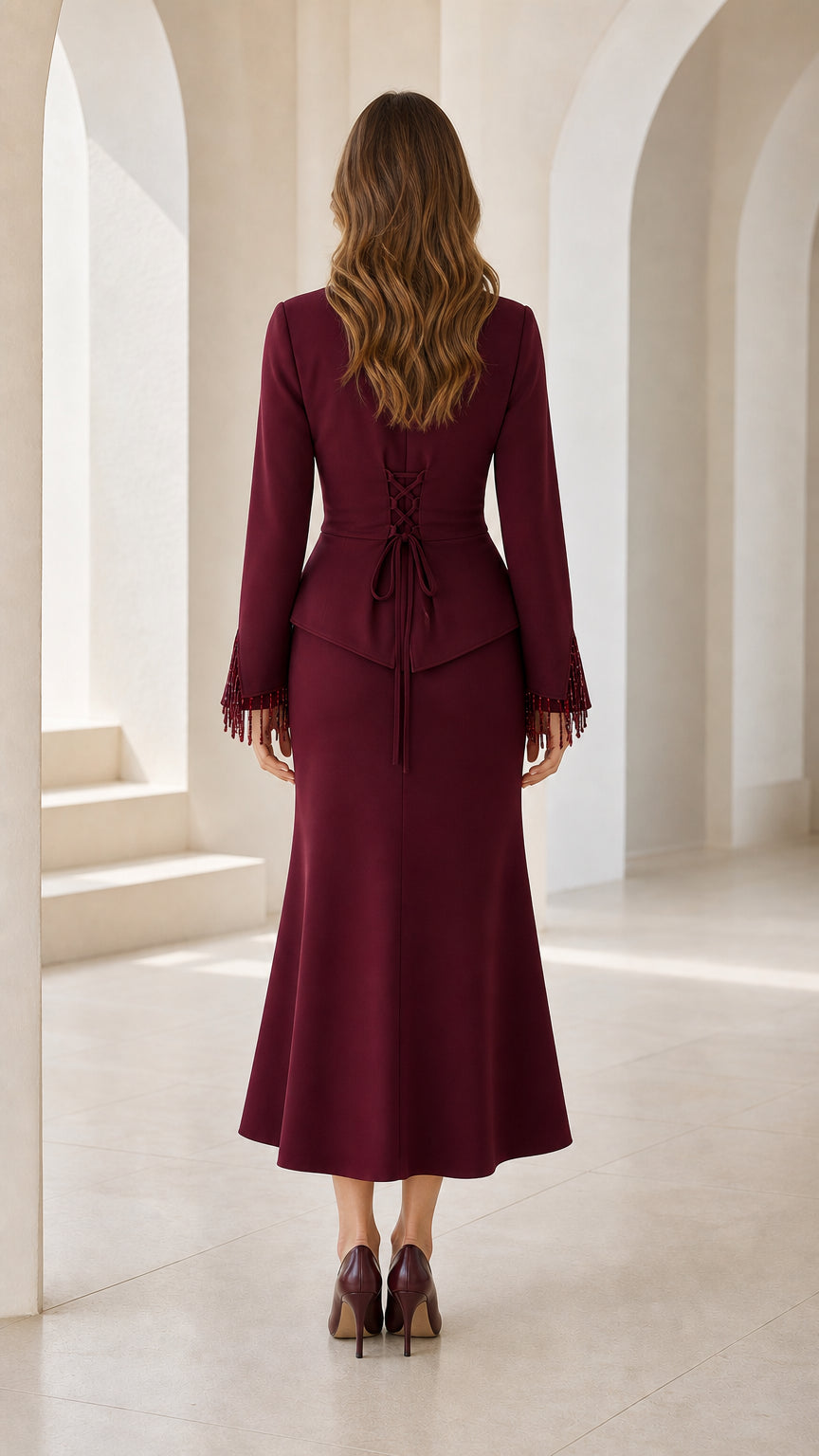 Back view of burgundy peplum midi dress showing adjustable lace-up back detail