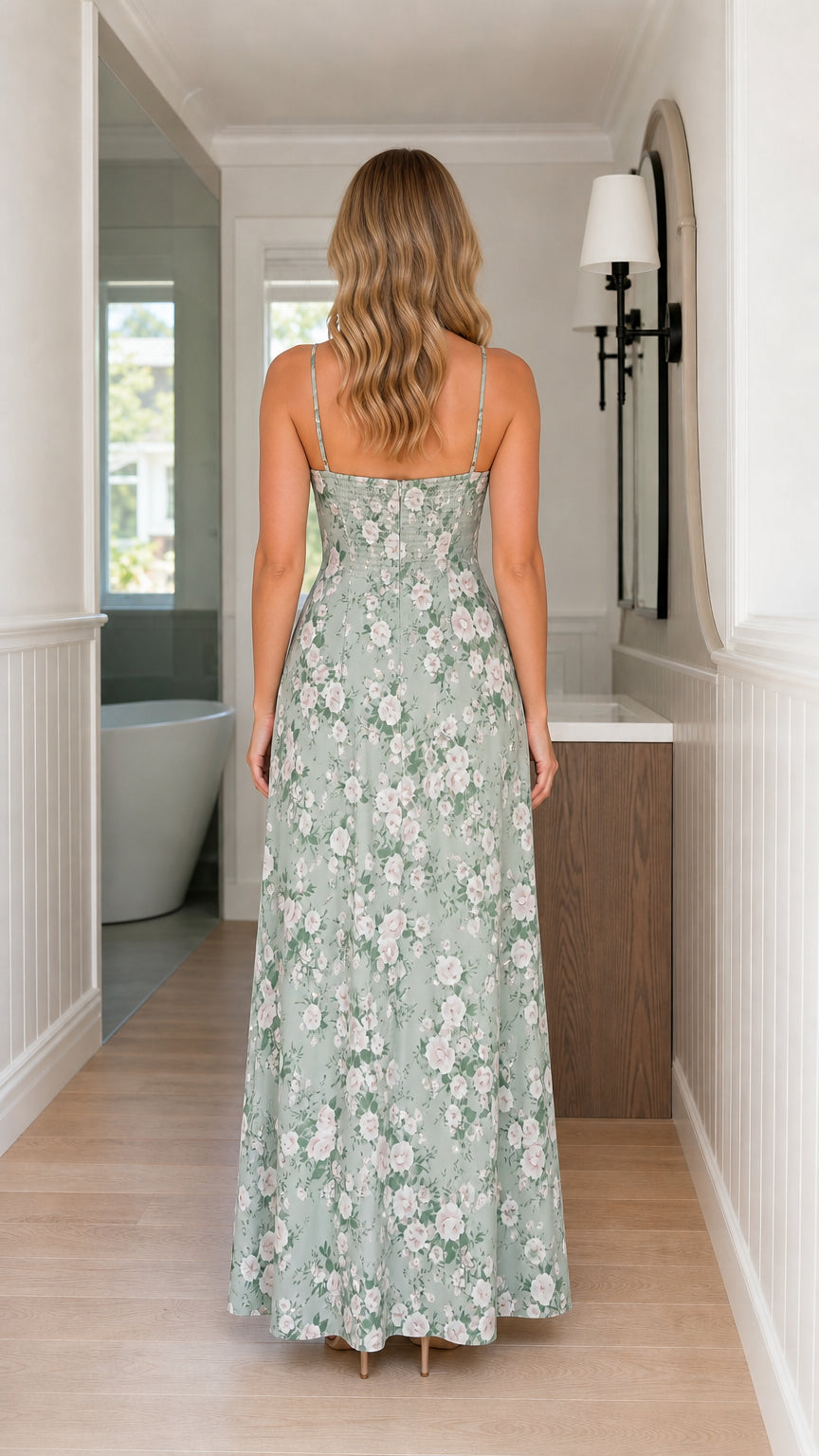 Back view of woman wearing sage green floral floor-length dress
