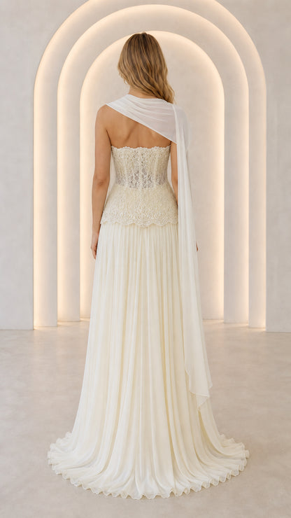 Ivory strapless evening dress with draped scarf back detail - back view