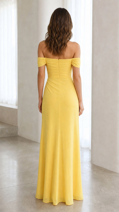 Back view of yellow off-the-shoulder maxi dress