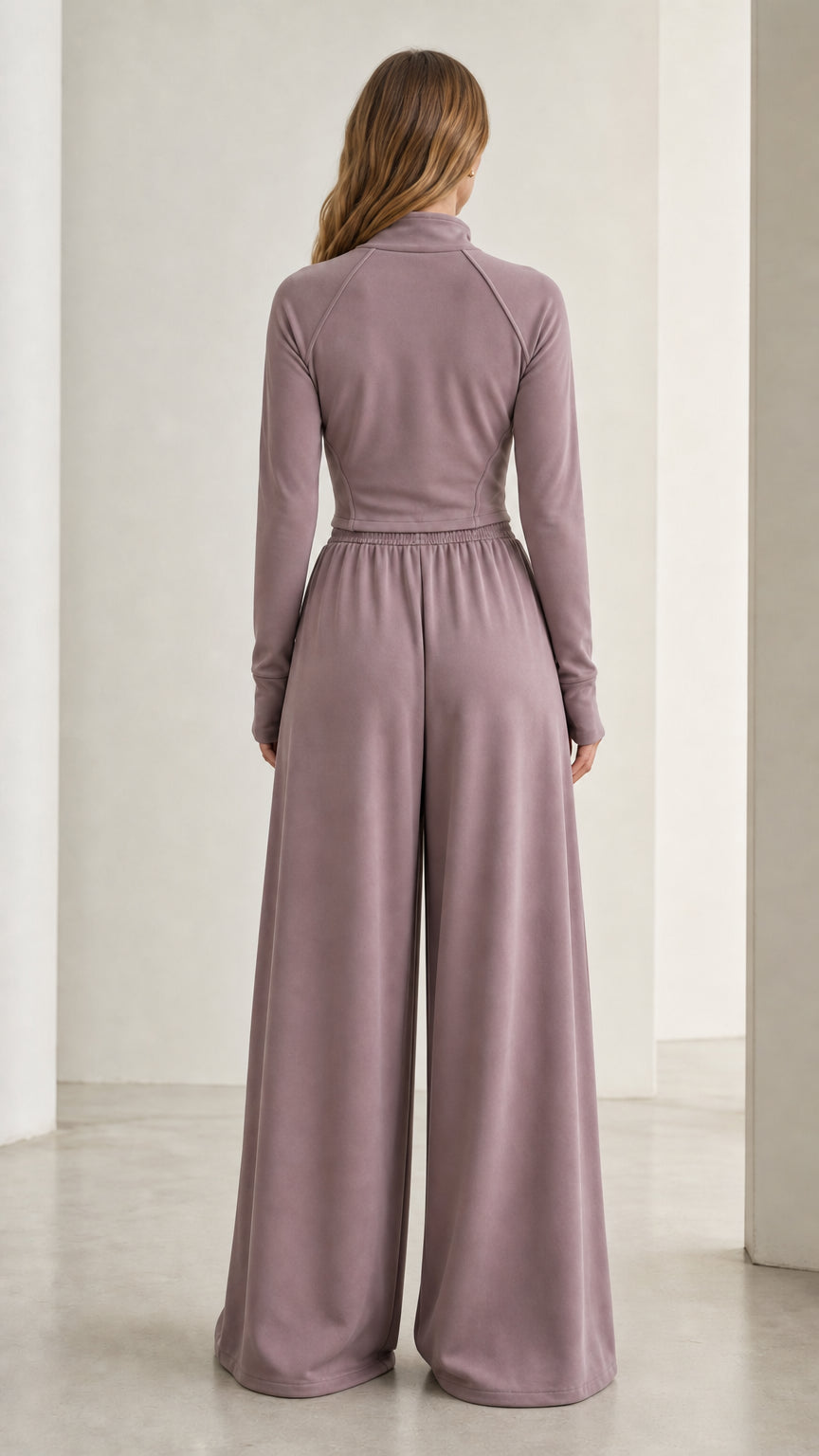 Back view of dusty mauve fitted long sleeve top and wide palazzo lounge pants