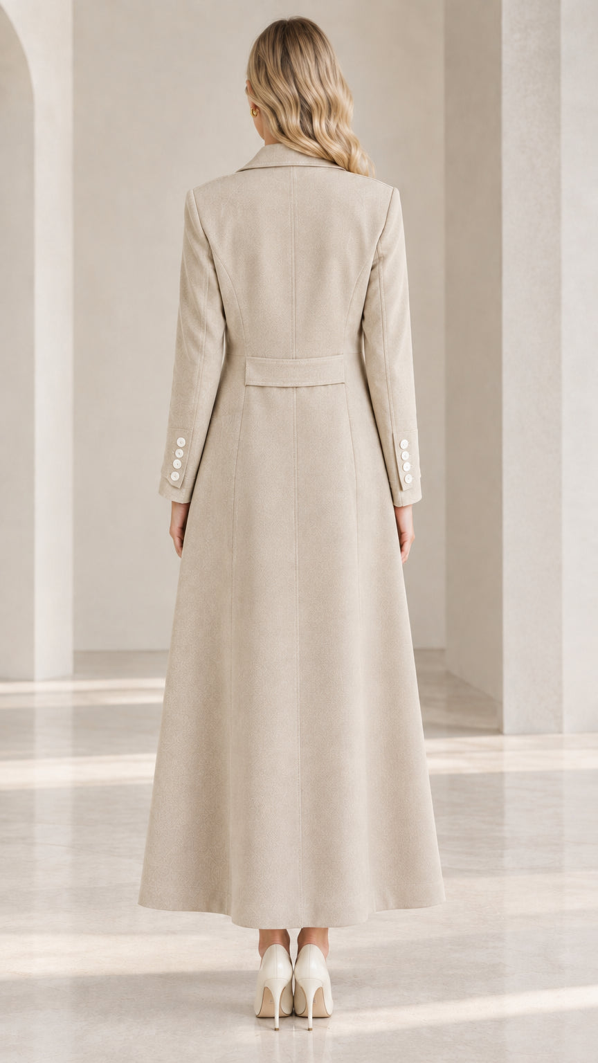 Back view of woman wearing the beige maxi coat highlighting the structured back waist tab and sweeping hem