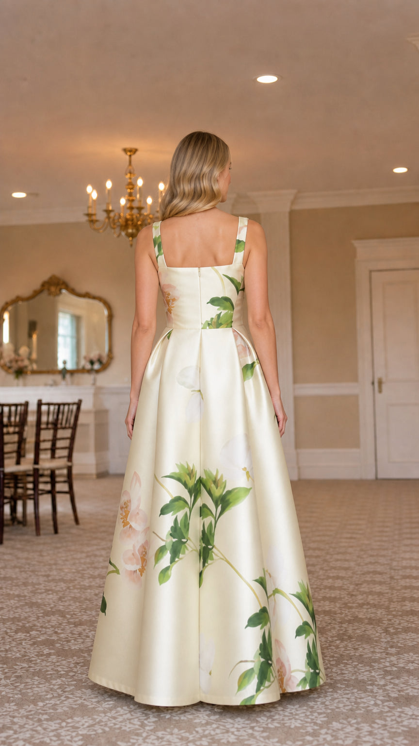Ivory floral maxi dress shown from the back