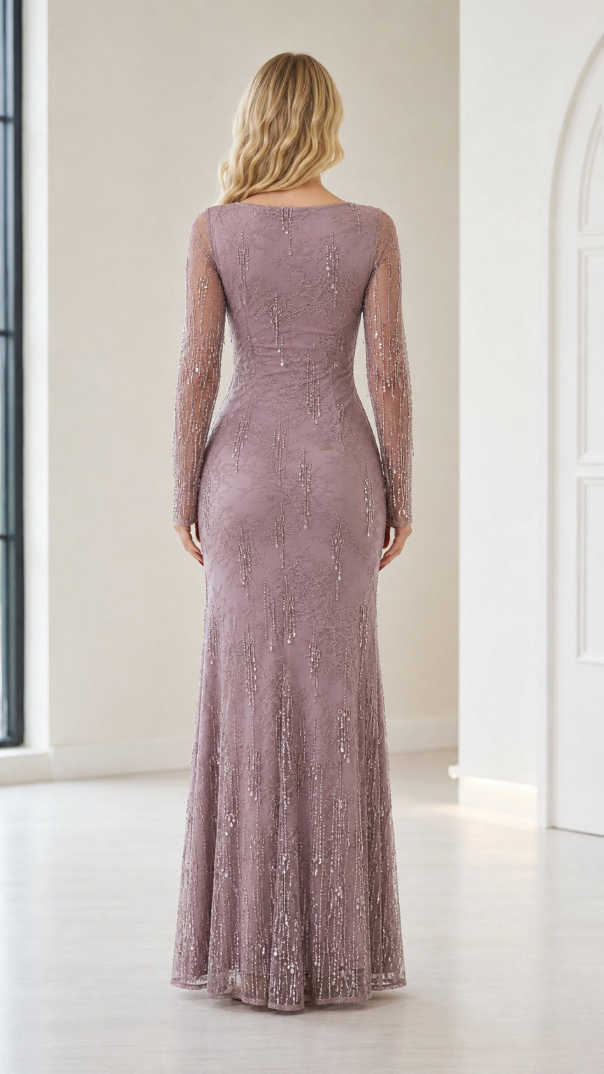 Back view of mauve evening dress