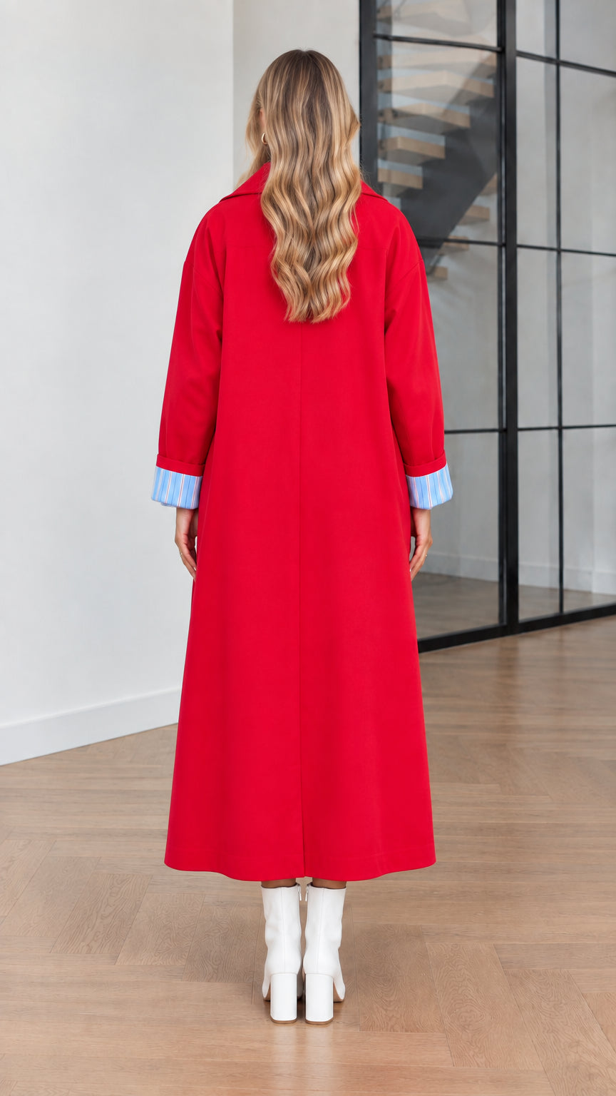 Back view of woman wearing the Red maxi-length outerwear coat