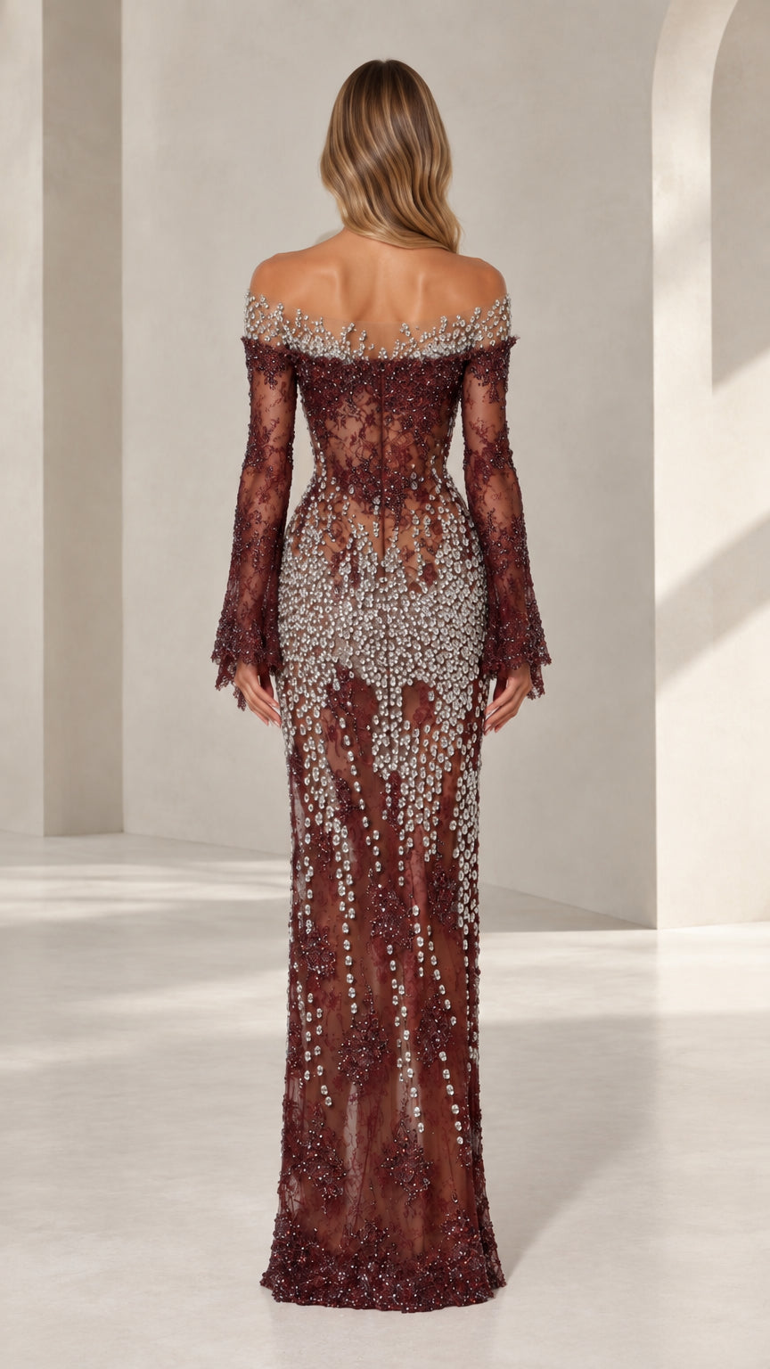 Burgundy embellished formal evening gown back view