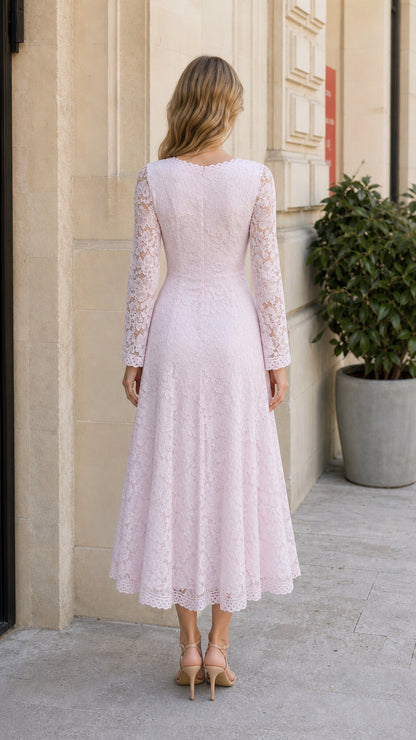 Back view of the blush pink long sleeve lace midi dress