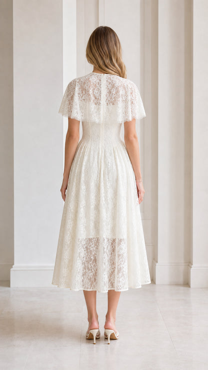 Back view of Ivory Floral Lace Capelet Midi Dress