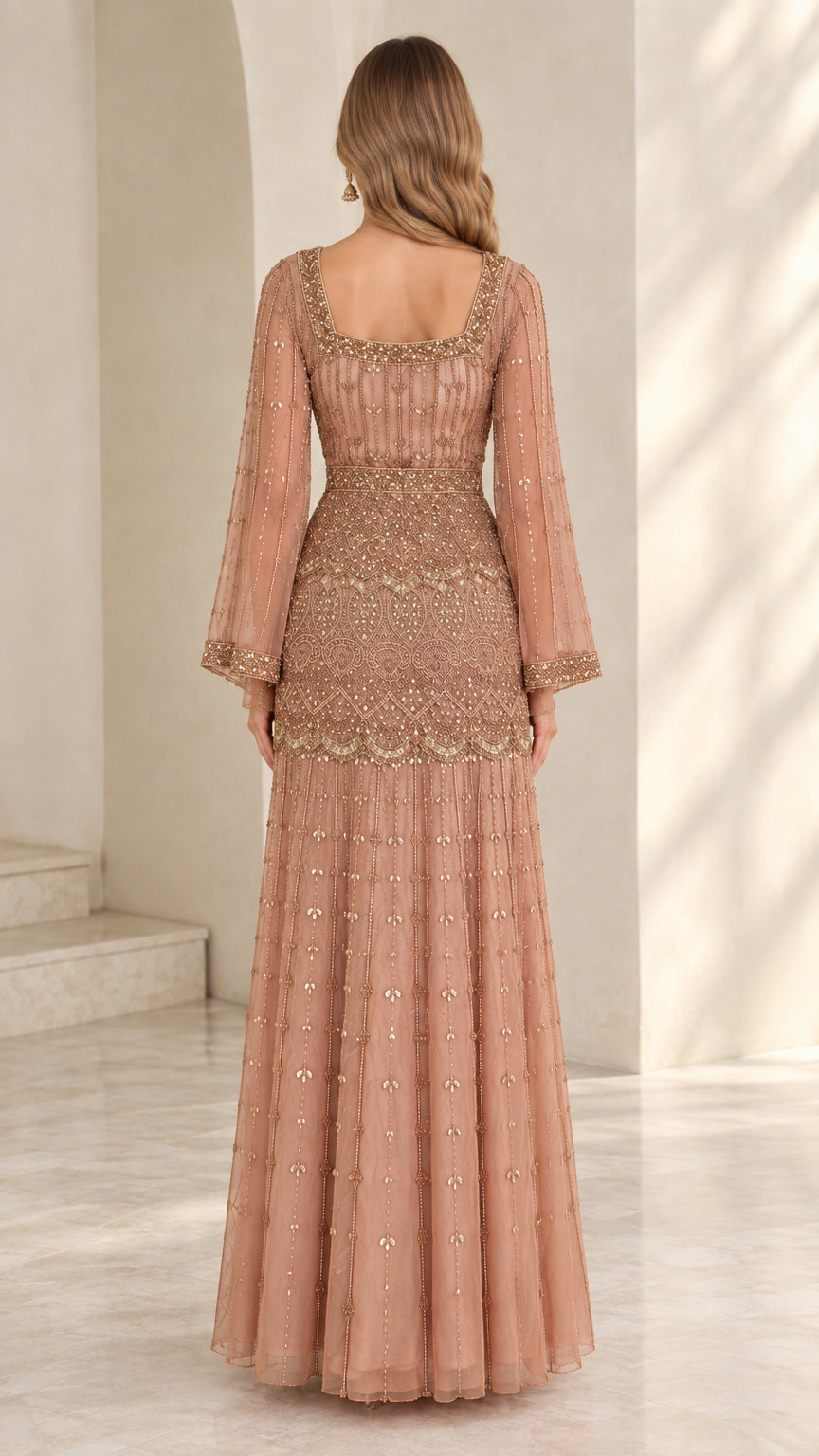 Back view of dusty rose square back beaded evening maxi gown