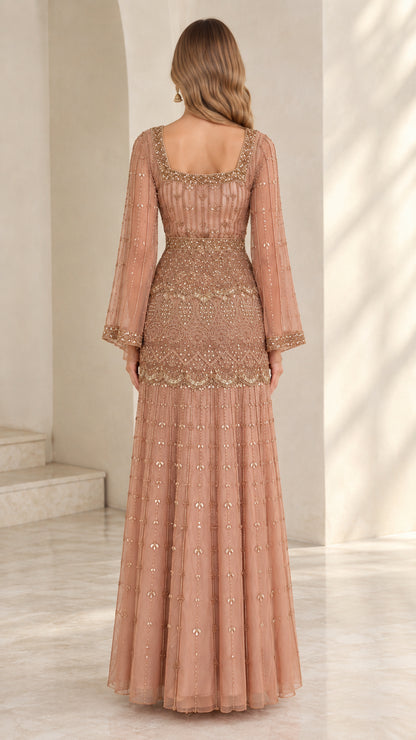 Back view of dusty rose square back beaded evening maxi gown