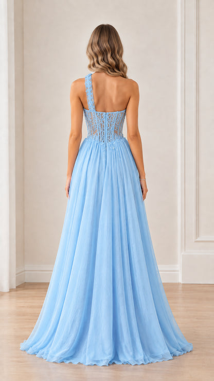 Model wearing Sky Blue formal maxi dress back view showing asymmetrical strap