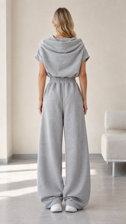 Back full-length view of heather grey cowl neck top and relaxed sweatpants lounge set