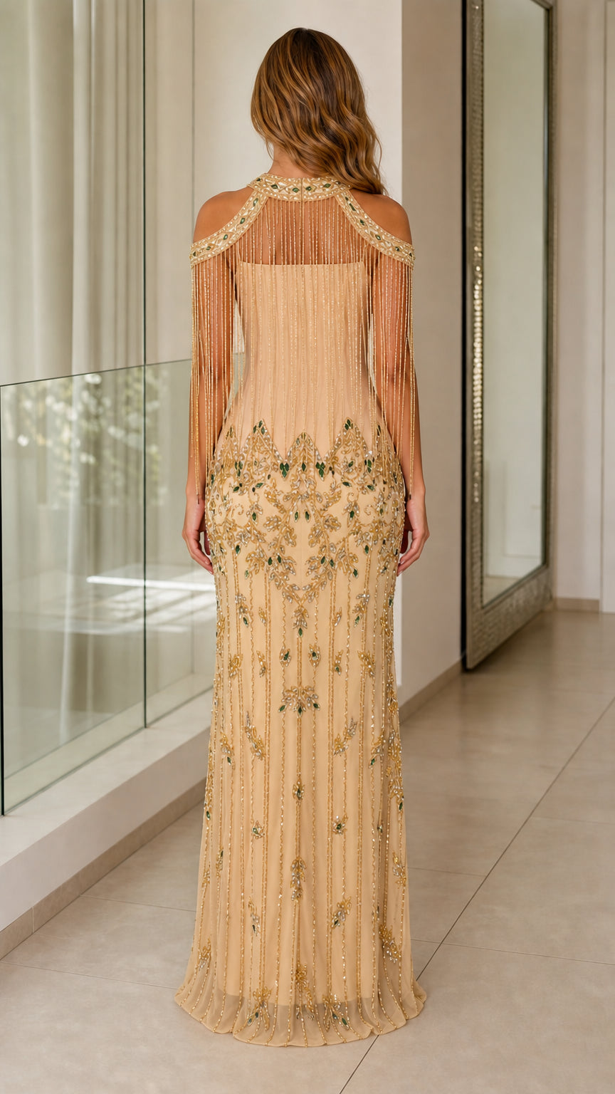 Elegance Beaded Fringe Halter Maxi Evening Dress in Champagne back view