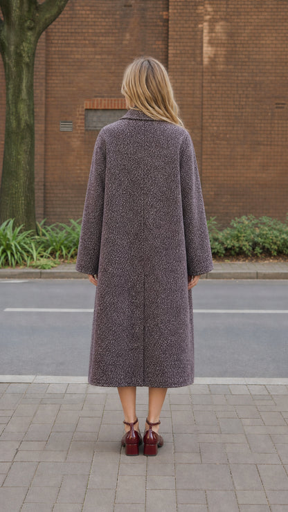 Back view of women's midi length herringbone overcoat in Plum