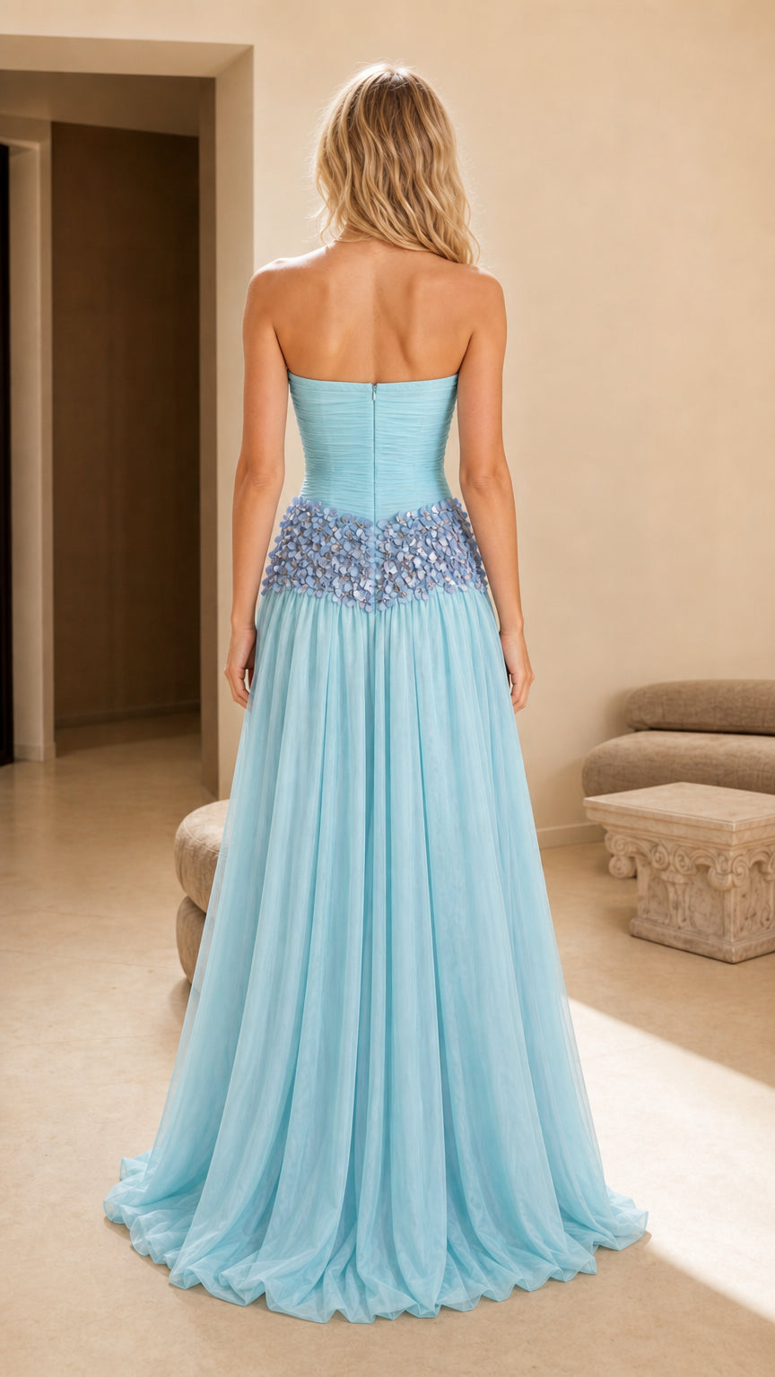 Back view of light blue formal evening gown