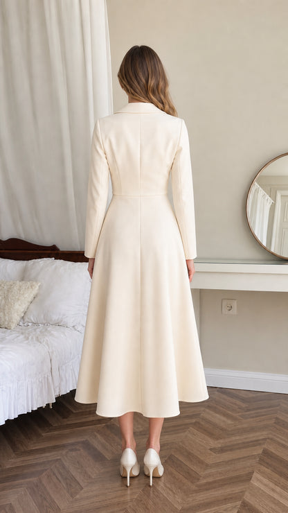 Back view of model in cream long-sleeve A-line midi blazer dress
