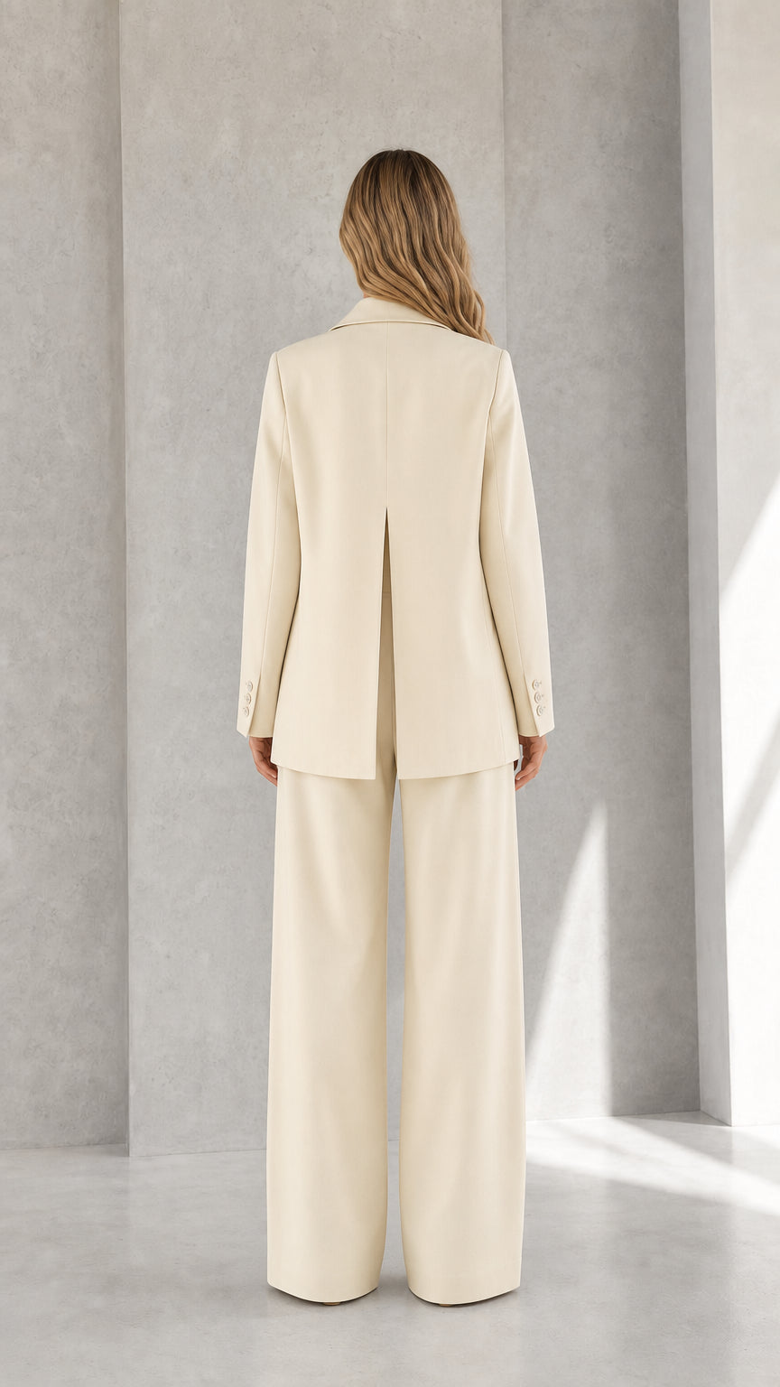Back view of woman wearing cream blazer and wide-leg pants showing inverted back vent