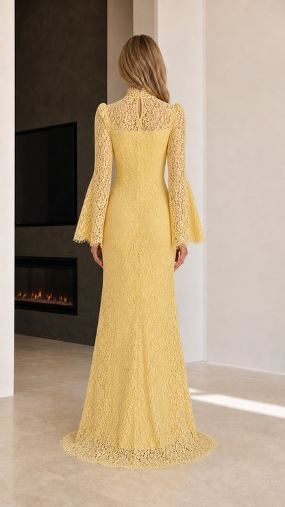 Back view of yellow high neck lace gown showing fit and elegant sweep