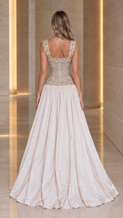 Back view of Champagne square back beaded corset maxi ballgown