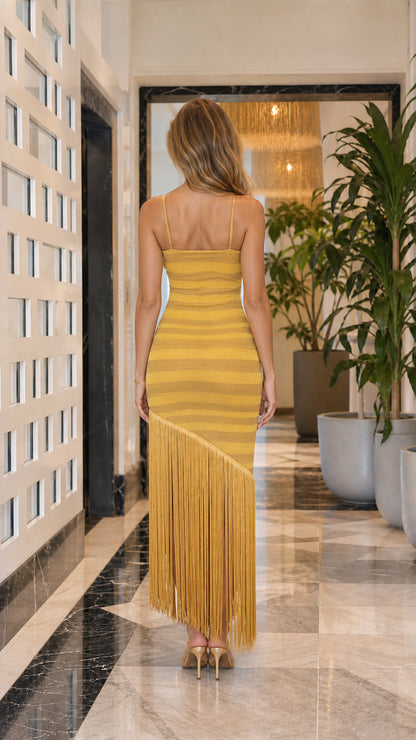 Model wearing Mustard Yellow Fringe Hem Bandage Maxi Dress - Back View