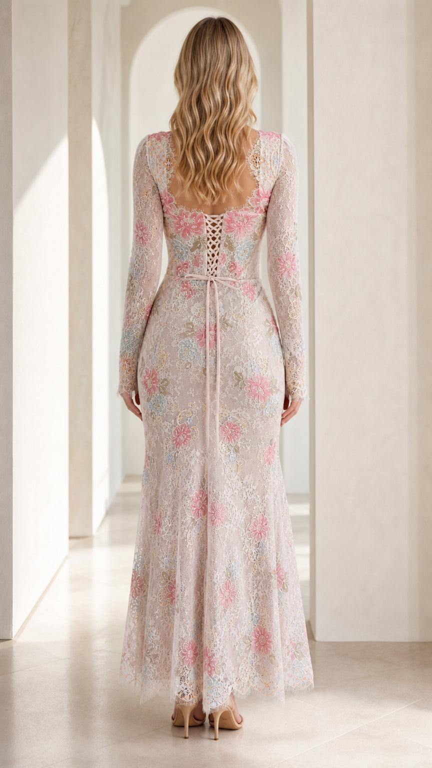 Back view showcasing lace-up corset detail on White dress